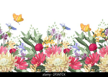 Vektor Blumen nahtlose Grenze. Sommerblumen, grüne Blätter. Stock Vektor