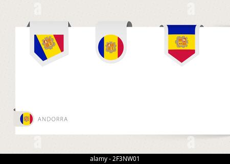 Label Flag Kollektion von Andorra in verschiedenen Formen. Bandflaggenschablone von Andorra, die von Papier oder einer anderen Oberfläche hängt. Stock Vektor