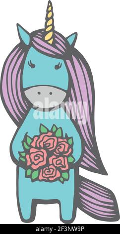 vektorgrafik Zeichnung. Niedliche Einhorn Grafik-Druck isoliert auf weißem Hintergrund. Kopf Portrait Pferd Aufkleber, Patch Abzeichen. Stock Vektor