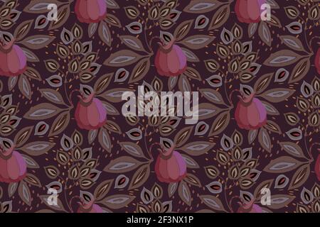 Kunst floral Vektor nahtloses Muster. Fabelhafte Blumen, Früchte und Blätter isoliert auf einem Schokoladenhintergrund. Stock Vektor