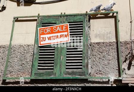 Palma, Spanien. März 2021, 17th. "Zum Verkauf - zum Verkauf", heißt es auf dem Fenster einer Wohnung inmitten der Corona-Pandemie. Quelle: Clara Margais/dpa/Alamy Live News Stockfoto
