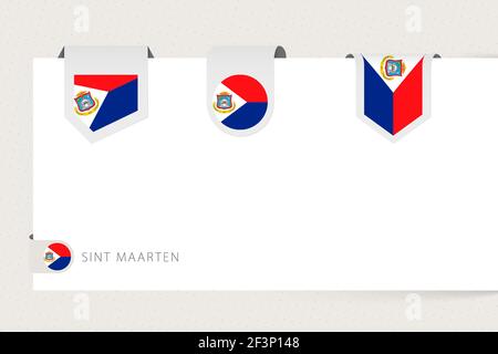 Label Flag Kollektion von Sint Maarten in verschiedenen Formen. Bandflaggenschablone von Sint Maarten, die von Papier oder einer anderen Oberfläche hängt. Stock Vektor