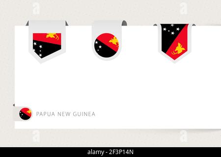 Label Flag Kollektion von Papua Neuguinea in verschiedenen Formen. Bandflaggenschablone von Papua-Neuguinea, die von Papier oder einer anderen Oberfläche hängt. Stock Vektor