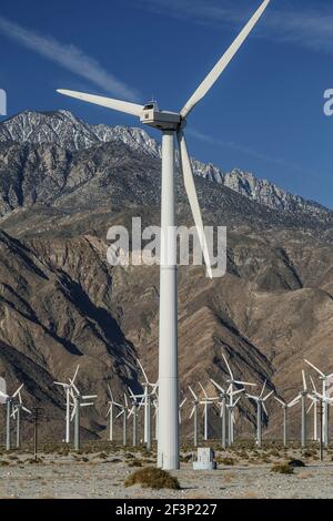 Windmühlen und San Jacinto Mountains (Mount San Jacinto, 10.831 ft.), San Gorgonio Pass Wind Farm, in der Nähe von Palm Springs, Kalifornien, USA Stockfoto