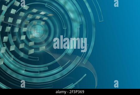 Zukunft, Schnittstellentechnik . Technologie abstraktes Design auf blau. Abstrakt gewellter Hintergrund, Netzwelle, Kreise auf Pastellblau. Natur, Meer, Meer, Ökologie, Technologie, Science Concept Illustration Stockfoto