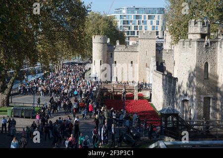 Menschenmengen besucht die Mohnblumen anzeigen am Tower of London, London, EC2, England Stockfoto