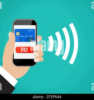 Mobile Zahlungen. Mann, der das Telefon hält. Stock Vektor
