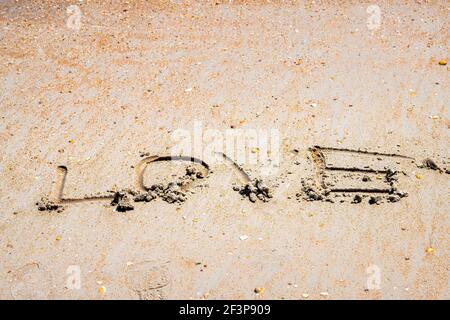 Liebe Text Wort gezeichnet handgeschrieben auf Sand Sandstrand von shelly Kalkstein in Fluss zu Meer Preserve Park von Palm Coast, Florida Stockfoto