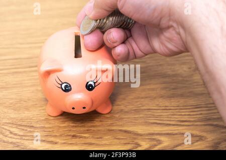 Hand mit einer Menge von zwei-Euro-Münzen in einem Schwein-förmigen Tonschweinebank für die Zeit der Krise Konzept der Wirtschaft und Familienersparnisse. Stockfoto