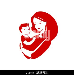 Mutter liebevolle Umarmungen kleines Baby Symbol. Muttertag, Mutterschaft Logo Vektor Illustration Stock Vektor