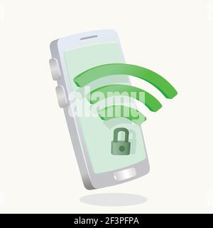 wifi-Symbol und Vorhängeschloss vor dem Smartphone 3D - Drei Dimensionen für scure WiFi-Verbindung Konzept Vektor-Illustration Stock Vektor