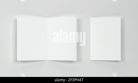 Unbeschriftetes Booklet oder Broschüre A4, zweigefackelt. 3D Abbildung auf grauem Hintergrund Stockfoto