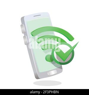 wifi-Symbol und Häkchen vor dem Smartphone 3D - dreidimensional für verbunden mit einer WiFi-Verbindung Konzept Vektordarstellung. Stock Vektor