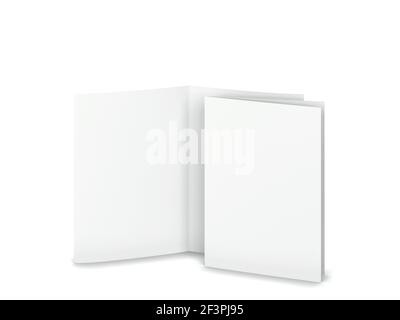 Unbeschriftetes Booklet oder Broschüre A4, zweigefackelt. 3D Abbildung auf grauem Hintergrund Stockfoto