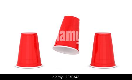 Shell-Spiel. Drei rote Plastikbecher. 3D Abbildung isoliert auf weißem Hintergrund Stockfoto