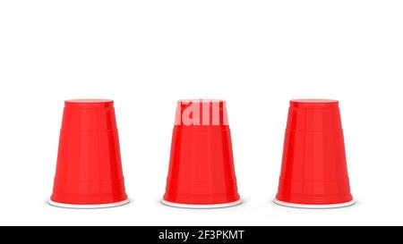 Shell-Spiel. Drei rote Plastikbecher. 3D Abbildung isoliert auf weißem Hintergrund Stockfoto