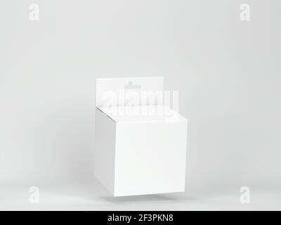 Leere Box Verpackung mit Aufhänger mockup. 3D Abbildung auf grauem Hintergrund Stockfoto