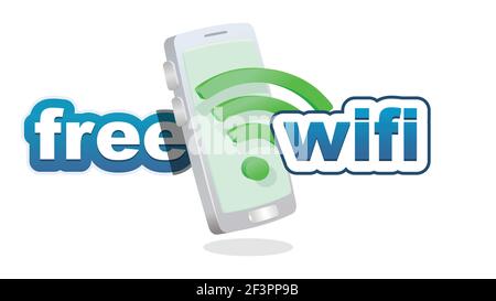 Free WiFi. Clean WiFi Symbol und Text vor dem Smartphone 3D - dreidimensional für WiFi-Verbindung Konzept Vektor Illustration. Stock Vektor