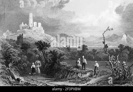 Landschaftsansicht mit der Ruine von Schloss Godesberg, junge Männer und Frauen, Rhein, Nordrhein-Westfalen, Deutschland, Stahlstich von 1832 Stockfoto