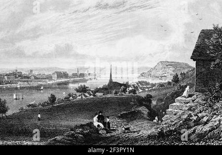 Koblenz und die Festung Ehrenbreitstein auf der Hügelspitze, Rhein, Rheinland-Pfalz, Deutschland, Stahlstich von 1832 Stockfoto