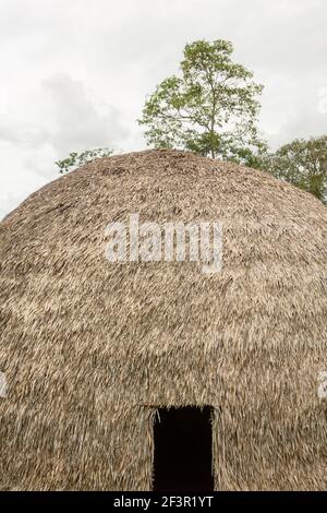 Traditionelles indigenes Haus aus Stroh und Holz Heimat von einheimischen Familien aus der Gemeinde im Amazonas Regenwald an einem sonnigen Sommertag. Indisch. Stockfoto