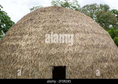 Traditionelles indigenes Haus aus Stroh und Holz Heimat von einheimischen Familien aus der Gemeinde im Amazonas Regenwald an einem sonnigen Sommertag. Indisch. Stockfoto