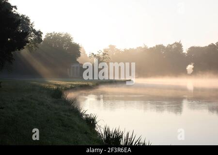 Blick auf das Nymphäum im Nebel mit durchbrechender Sonne, Worlitzer Park, Gartenreich Dessau-Worlitz, Sachsen-Anhalt, Deutschland. Stockfoto