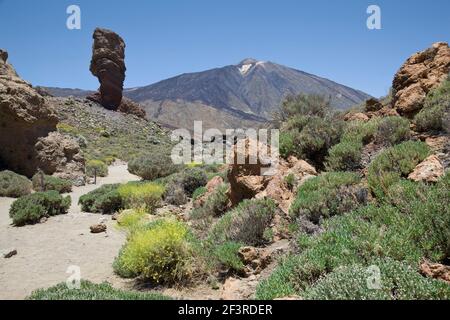 Parque Nacional del Teide, Nationalpark Teide, Teneriffa. Roque Cinchado mit Pico del Teide. Vulkan  , Tenerife, Parc Nacional del Teide Stock Photo