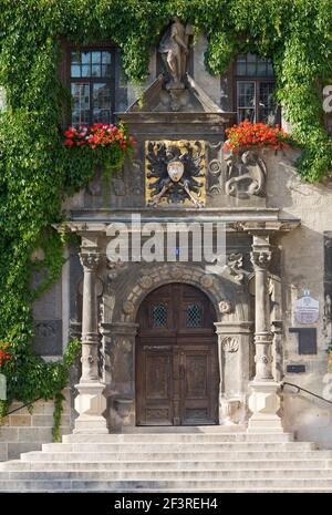 Barocker Eingang zum Rathaus, Quedlinburg, Sachsen-Anhalt, Deutschland Stockfoto