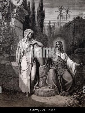 Bibelgeschichten - Illustration von Jesus und der Frau von Samaria am Jakobsbrunnen aus dem Neuen Testament Stockfoto
