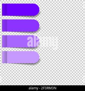 Satz von violetten Stücken von Aufklebern und abgerundeten Lesezeichen isoliert auf einem transparenten Hintergrund. Separate Stücke von Band flach realistische Abbildung. Stock Vektor