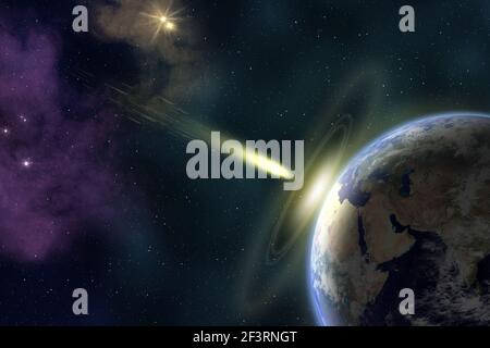Erde im Weltraum mit einem fliegenden Asteroiden. Asteroideneinschlag. Armageddon (von der NASA eingerichtete Elemente). Stockfoto
