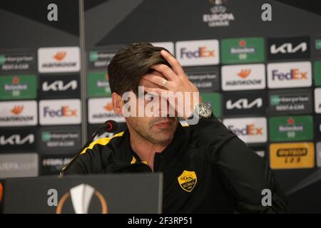 Kiew, Ukraine. März 2021, 17th. Kiew, UKRAINE - 17. MÄRZ 2021 - Cheftrainer von A. S. Roma Paulo Fonseca wird während der Pressekonferenz vor der UEFA Europa League Runde des 16 2nd-Bein-Spiels gegen FC Shakhtar Donetsk im NSC Olimpiyskyi, Kiew, Hauptstadt der Ukraine Bild: Ukrinform/Alamy Live News Stockfoto