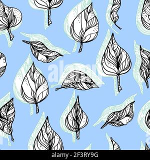 Blätter mit Ornamenten und Streifen. Nahtlose Muster Kontur Blätter mit einem Kontrastschatten Stockfoto