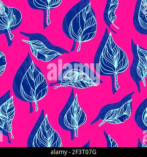 Blätter mit Ornamenten und Streifen. Nahtlose Muster Kontur Blätter mit einem Kontrastschatten Stockfoto