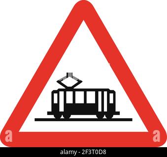 Dreieckiges Verkehrssignal in weiß und rot, isoliert auf weißem Hintergrund. Warnung vor dem Überqueren der Straßenbahn Stock Vektor
