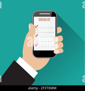 Hand halten Smartphone mit Checkliste Stock Vektor