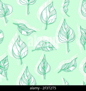 Blätter mit Ornamenten und Streifen. Nahtlose Muster Kontur Blätter mit einem Kontrastschatten Stockfoto