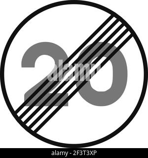 Gerundetes Verkehrssignal in schwarz-weiß, isoliert auf weißem Hintergrund. Ende der Geschwindigkeitsbegrenzung auf zwanzig Stock Vektor