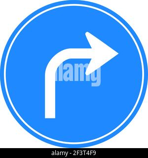 Gerundetes Verkehrssignal in blau und weiß, isoliert auf weißem Hintergrund. Biegen Sie nach rechts ab Stock Vektor