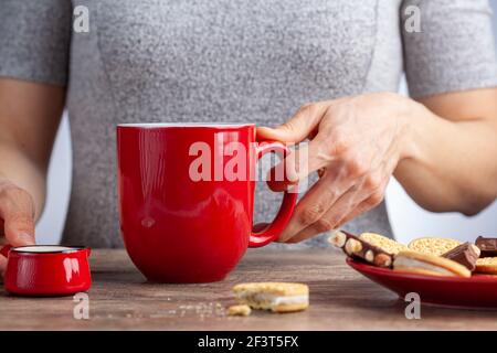 Ein Tee-Zeit- oder Kaffee-Zeit-Konzept mit Sandwich-Cookies, Tafeln aus schokoladenästhetischem Keramik-Becher und -Tellern sowie einem Mini-Creamer-Krug auf Holz Stockfoto