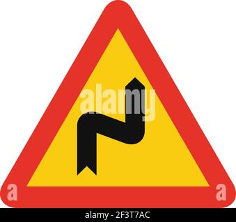 Dreieckiges Verkehrssignal in gelb und rot, isoliert auf weißem Hintergrund. Vorübergehende Warnung vor der rechten Rückwärtsbiegung Stock Vektor