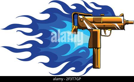 Vektor-Illustration einer goldenen Uzi-Pistole mit Flammen Stock Vektor