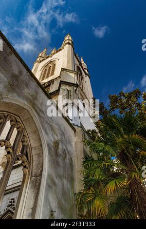 Blick auf den Turm von St. Dunstan in der Osten mit Fächerpalme und gotischem arced Fenster Stockfoto