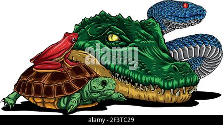Set von Reptilien und Amphibien. Wildes Krokodil, Schlange, Schildkröte und Frosch Stock Vektor