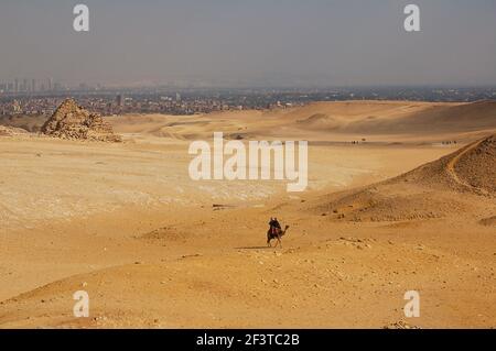 Touristen auf Kamelen auf dem Gizeh Plateau in Kairo, Ägypten. Kairo Stadtbild auf Hintergrund Stockfoto
