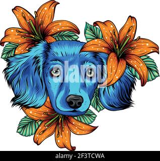 Gesicht Welpe Hund mit Blumen Ornamente Vektor-Illustration Stock Vektor