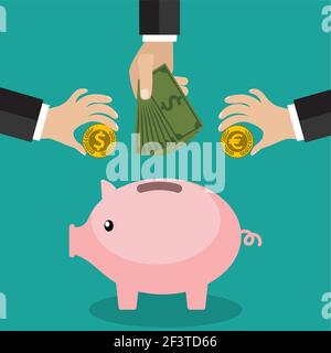 Viele Hände legen Münze und Geld in Sparschwein Stock Vektor