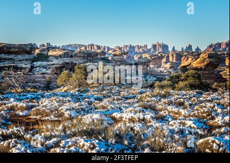 Panoramablick auf den Needles District im Canyonlands National Park, Utah Stockfoto