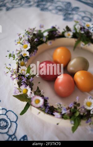 In der Mitte lagen orange und rötlich gefärbte Ostereier Von einem antiken Kranz aus Porzellan mit frischen gefüllt Gänseblümchen auf einem Tischtuch Stockfoto